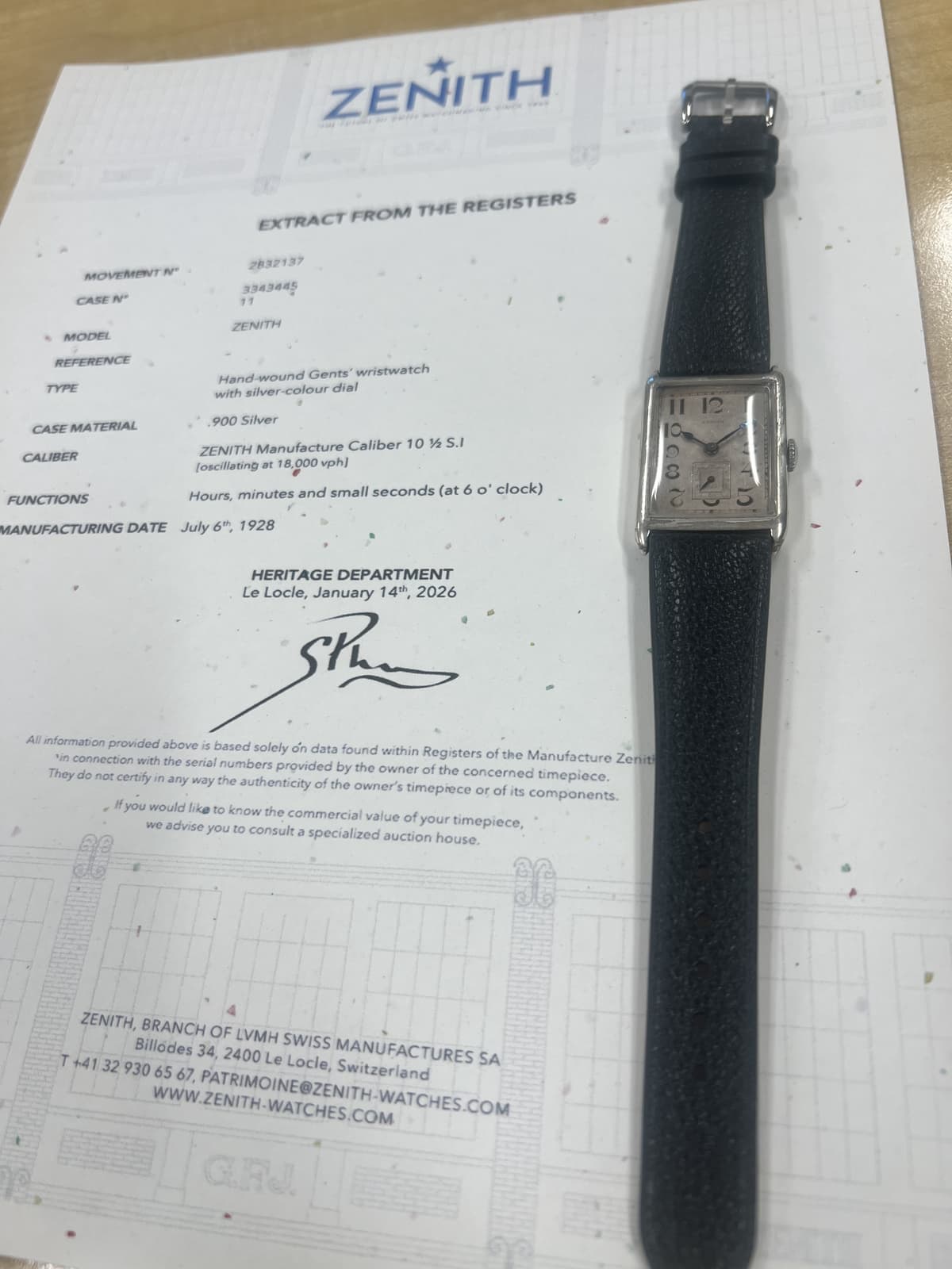 FS: 1928 Zenith silver cased Jumbo tank w/Zenith archival extract.