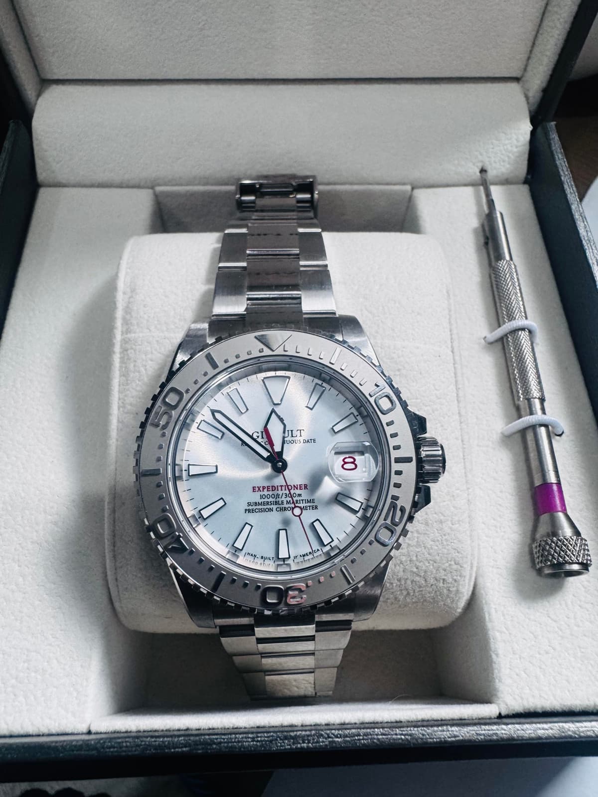 [WTS] Repost - 40 mm Automatic Ginault Expeditioner with Oyster Pearl White Dial, mint condition. Only worn 4x. Asking $1,100 as it is $1,400 new with taxes & shipping and 8-10 week wait. Will ship CONUS.