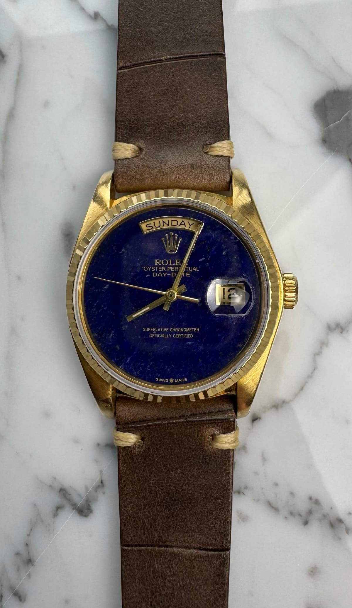 [WTS] Rolex Day-Date 36 18038 Yellow Gold Aftermarket Real Lapis Lazuli Dial 1983 (Serviced)