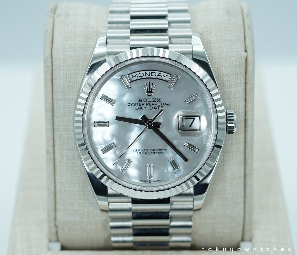 FSOT: Rolex 128236 DAY DATE 36 PLATINUM WHITE MOP BAGUETTE DIAMOND DIAL 2024 FULL SET