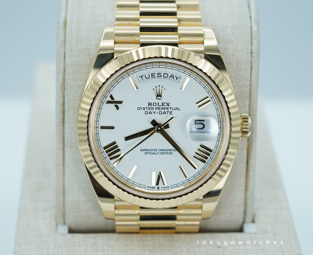 FSOT: Rolex 228238 DAY DATE 40 YELLOW GOLD WHITE DIAL 2022 WARRANTY FULL SET