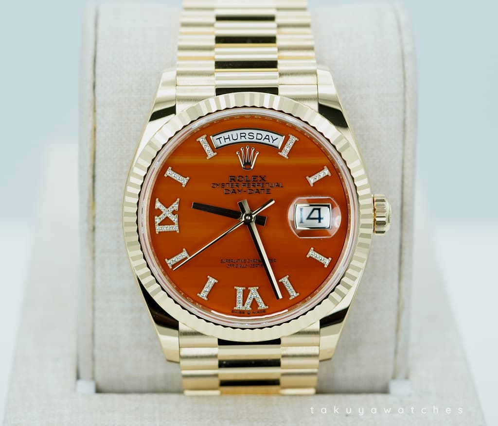FSOT:MINT Rolex 128238 DAY DATE 36 YELLOW GOLD CARNELIAN DIAL 2024 WARRANTY FULL SET