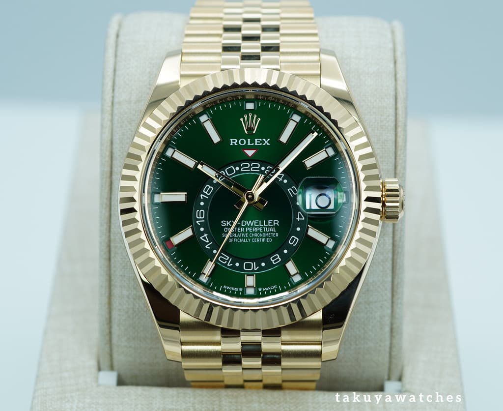 FSOT: Rolex 336938 SKY-DWELLER YELLOW GOLD GREEN DIAL JUBILEE BAND 2025 COMPLETE SET