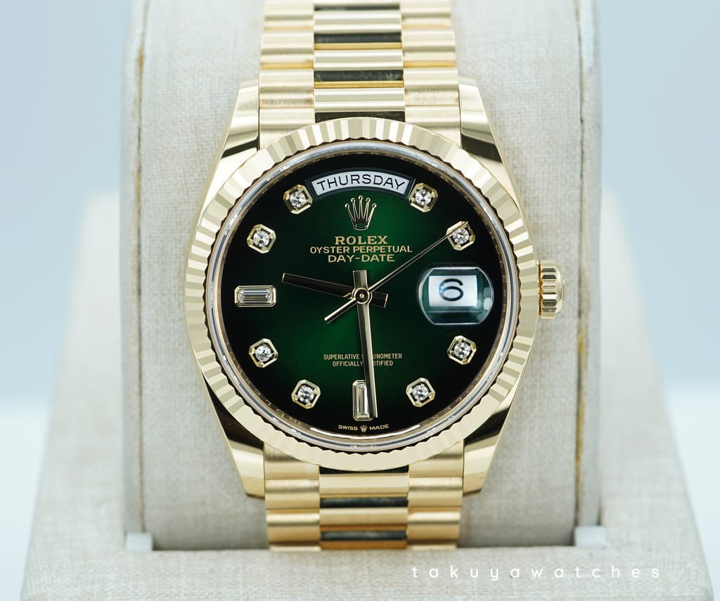 FSOT: Rolex 128238 DAY DATE 36 YELLOW GOLD GREEN OMBRE DIAMOND DIAL 2024 COMPLETE SET