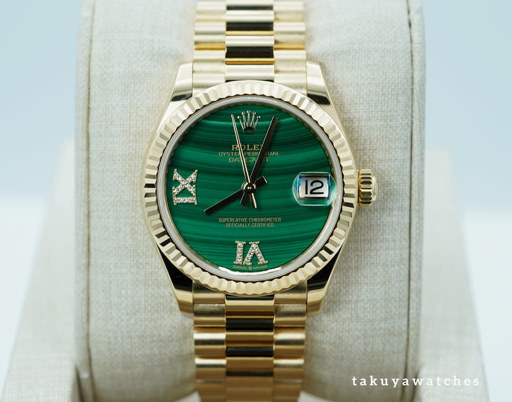 FSOT: Rolex 278278 DATEJUST 31 PRESIDENT YELLOW GOLD MALACHITE ROMAN DIAL FULL SET