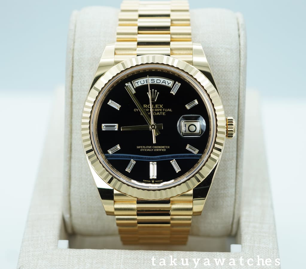 FSOT: Rolex 228238 DAY DATE 40 YELLOW GOLD ONYX BAGUETTE DIAMOND DIAL 2025 FULL SET
