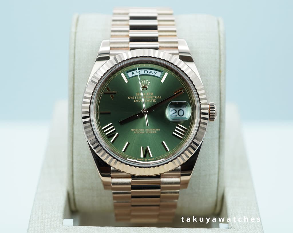 FSOT: Rolex 228235 DAY DATE 40 ROSE GOLD OLIVE GREEN ROMAN DIAL 2021 COMPLETE SET