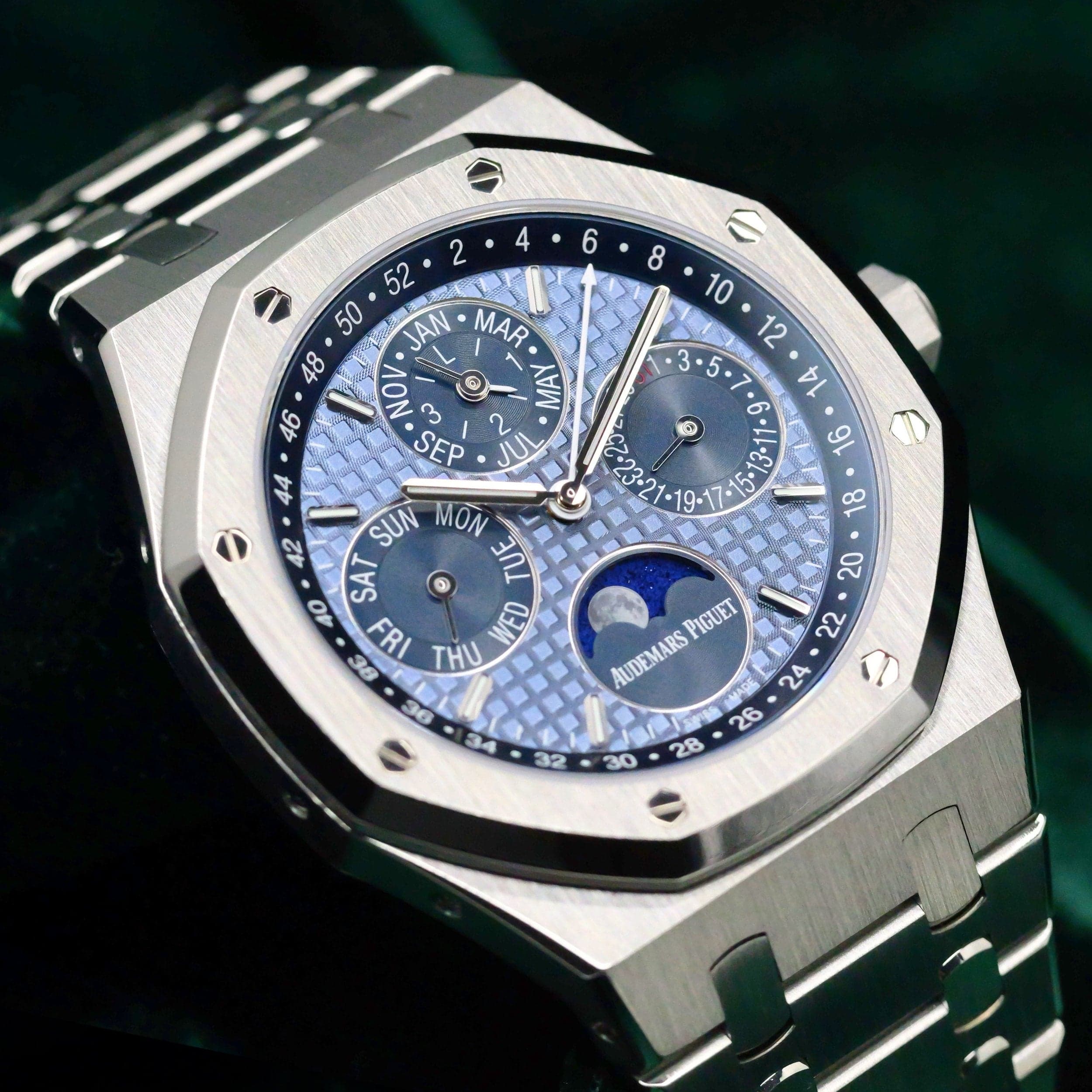FSOT: Audemars Piguet Royal Oak Perpetual Calendar Ice Blue Dial Moon Phase Stainless Steel 41mm MINT CONDITION COMPLETE SET 26574ST.OO.1220ST.03