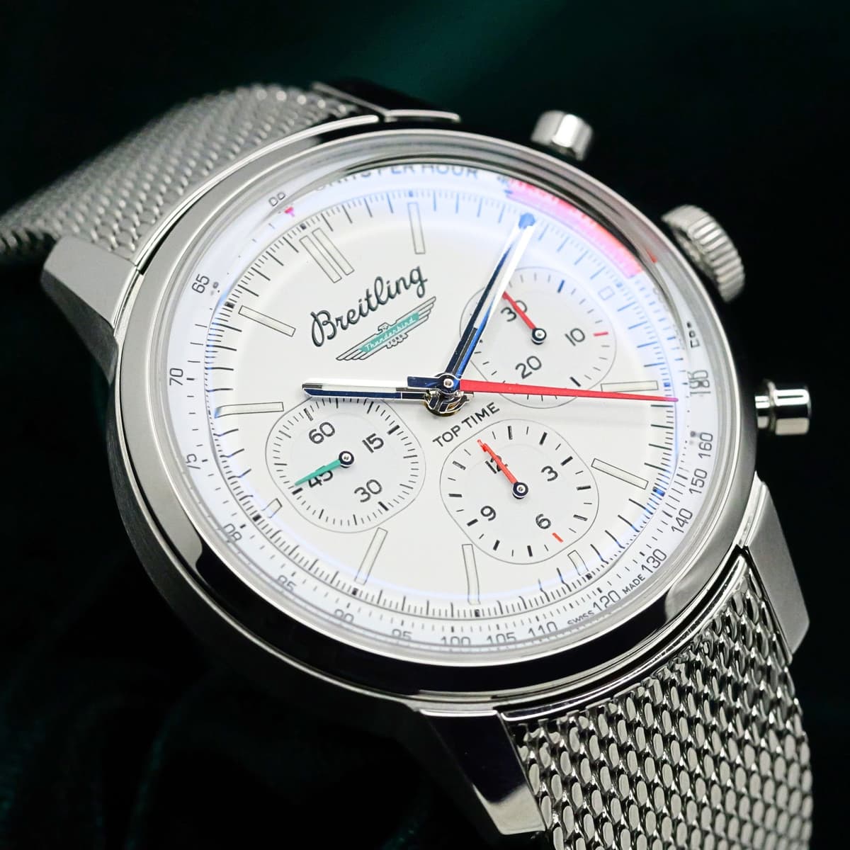 FSOT: Breitling Top Time White Dial White Sub-dials Mesh Bracelet Stainless Steel 41mm MINT CONDITION COMPLETE SET AB0176