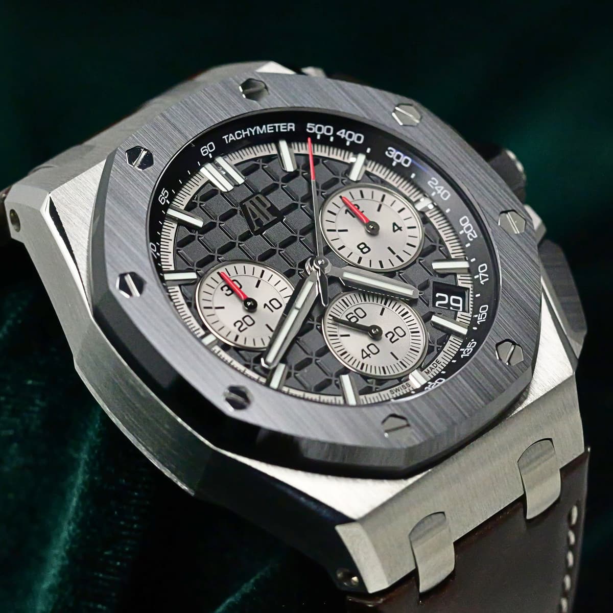 FSOT: Audemars Piguet Royal Oak Offshore Chronograph Black Dial Ceramic Bezel Leather Strap Steel MINT CONDITION COMPLETE SET 26420SO.OO.A002CA.01