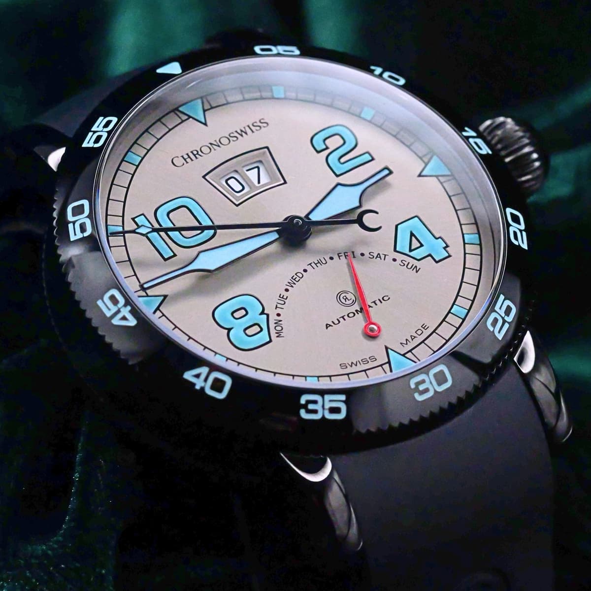 FSOT: Chronoswiss Timemaster Retrograde Day Silver Dial Black Ceramic Bezel Black Rubber Strap Black DLC Stainless Steel 44mm MINT CONDITION COMPLETE