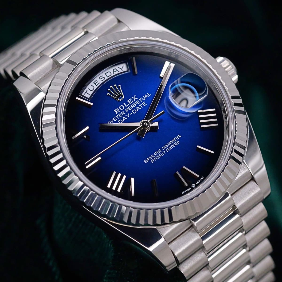 FSOT: Rolex Day-Date 40 Blue Ombre Dial Fluted Bezel President Bracelet 18K White Gold 40mm MINT CONDITION 228239