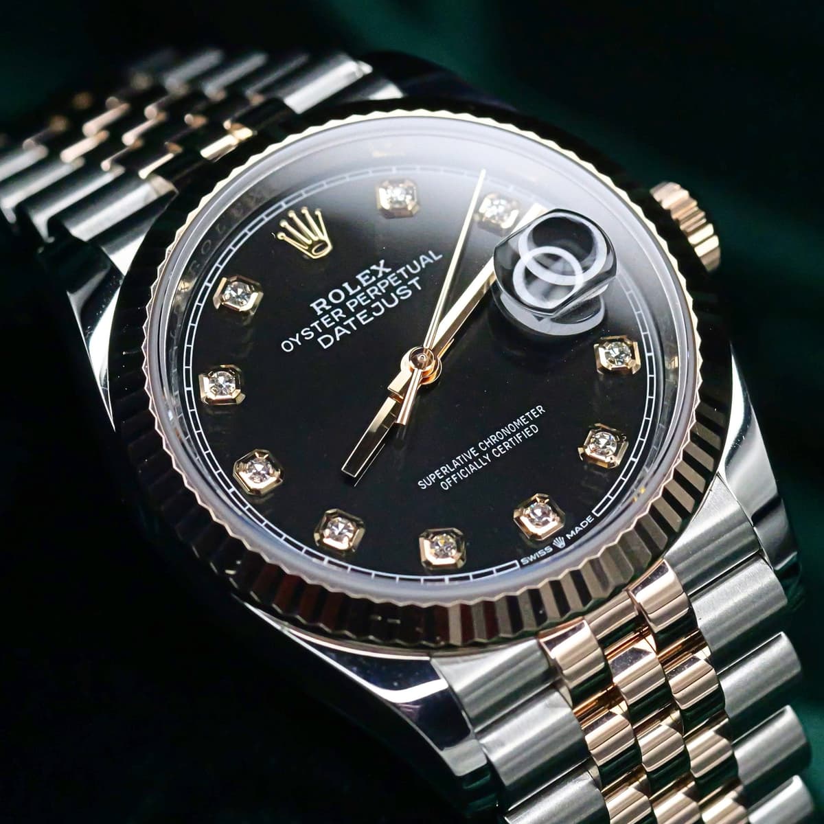 FSOT: Rolex Datejust Black Dial Diamond Markers Fluted Bezel Two Tone Jubilee Bracelet 18K Rose Gold Stainless Steel 36mm MINT CONDITION FULL 126231