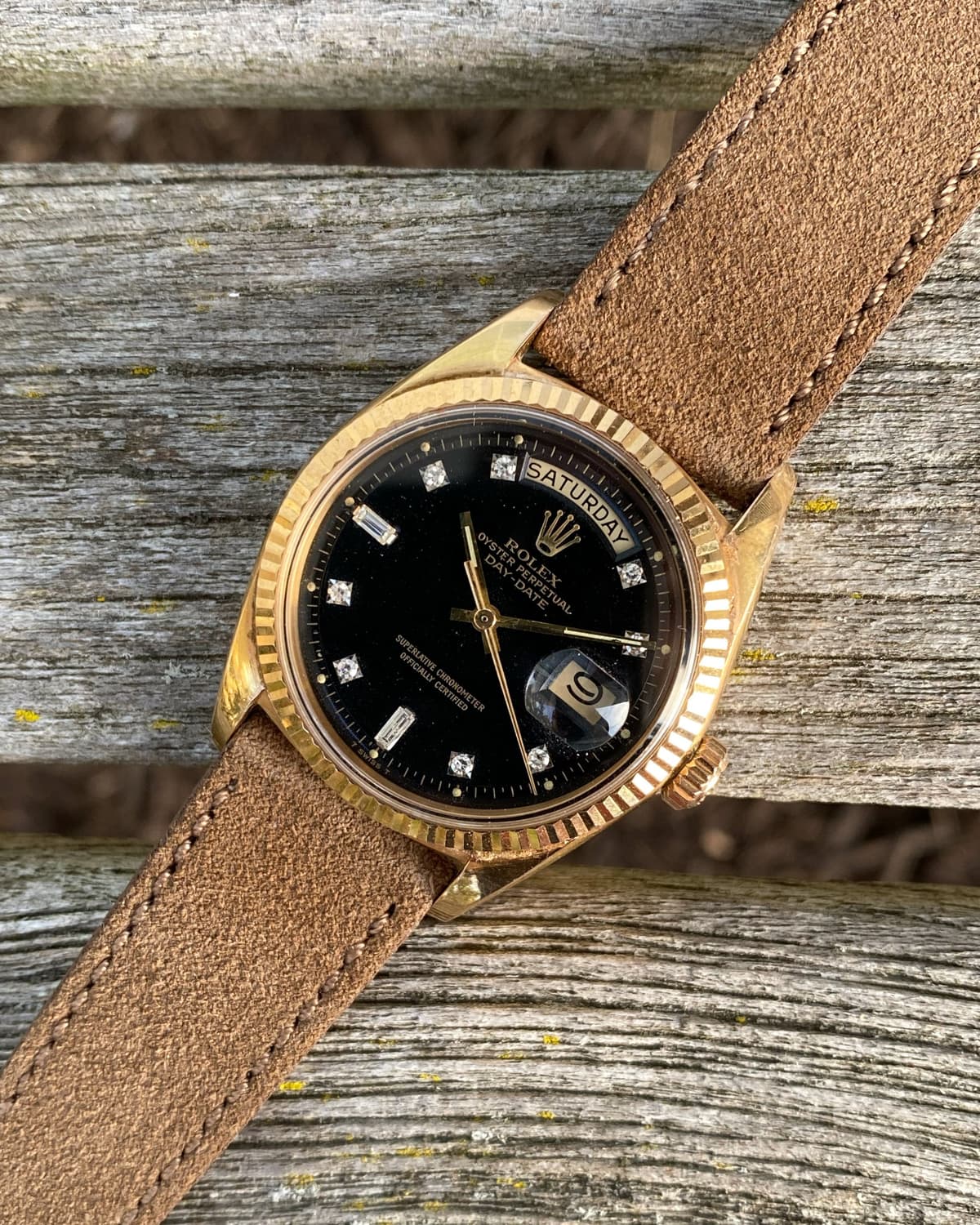 FS: 1967 Rolex 1803 Day-Date 36 Black Gloss Factory Diamond Dial Custard Patina 18K Gold