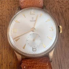TUDOR Gold Tone Mechanical Wristwatch Brown Leather Strap Sub-Dial Silver Dial