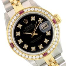 Rolex Datejust 69173 Two-Tone Black Dial Ruby Bezel 18KY SS Jubilee Band Watch