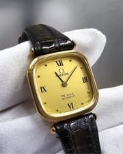 Vintage Omega De Ville Quartz 26mm Gold Square Dial Leather Womens Watch