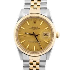 Rolex Oyster Perpetual Date CHAMPAGNE 14K Gold Engine-Turned JUBILEE 34mm 15053