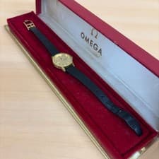 Omega Deville 1970s Ladies Gold Dial Black Leather Handwind Watch Used