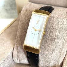 YSL Yves Saint Laurent Gold White Dial Quartz Watch Black Leather Strap Used