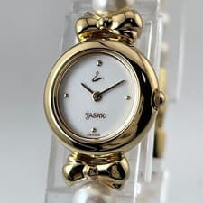 Tasaki Quartz Gold White Akoya Pearl Ribbon Bracelet Ladies New Battery Working