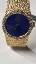 Vintage Omega Ladies 14k Yellow Gold Blue Lapis Diamond Watch 6" 38g