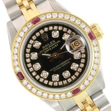 Rolex Datejust 69173 Two-Tone Black String Dial Ruby Bezel 18KY SS 26mm Watch