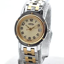 Hermes CL4.220 Clipper Quartz Watch Date Ivory Dial Two Tone H-Bracelet w-1361