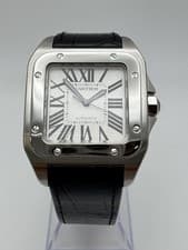 Cartier Santos 100 XL Silver Roman Dial Automatic Black Leather W20073X8