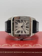 Cartier Santos 100 XL Silver Roman Dial Black Alligator W20073X8 Box Papers