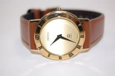 Gucci 3100J Ladies Quartz Watch Gold Dial GPx Leather Strap Used