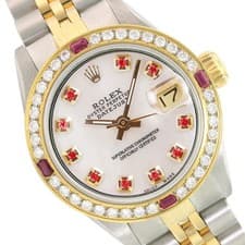 Rolex Datejust 69173 Two-Tone 18KY White Mother of Pearl Ruby Dial Bezel Watch