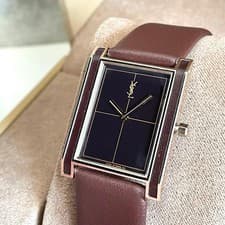YSL Yves Saint Laurent Antique Thin Boys Watch Quartz Black Leather Good Cond