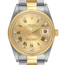 Rolex Date Champagne Roman Diamond Dial Steel Yellow Gold Mens Watch 15223