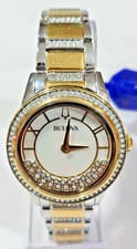 98L245 BULOVA CRYSTAL TURNSTYLE TWO-TONE WHITE DIAL WOMEN'S WATCH M-318