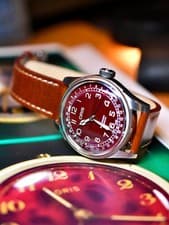 Oris Big Crown Automatic Red Dial 26 Jewels Watch Brown Leather Strap