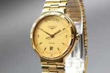 New Battery 【MINT】 Longines Conquest L163.2 Gold Dial Day Date Quartz Mens Watch