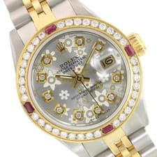 Rolex Datejust 69173 Two-Tone 18KY Steel Silver Floral Dial Ruby Bezel Watch