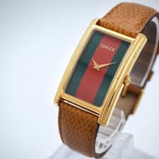 GUCCI Sherry Line Vintage Watch Green Red Dial Brown Band Quartz Classic Model