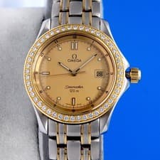 Mens Omega Seamaster 18K Gold & SS watch - Gold Dial - Diamond Bezel - 2315.10