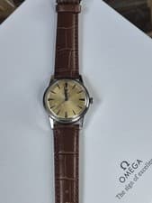 OMEGA Automatic Champagne Dial Brown Leather Strap Men's Wristwatch