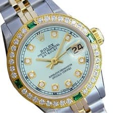 Rolex Datejust 69173 Two-Tone 18KY Steel Light Blue Dia Dial Emerald Bezel Watch