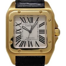 Cartier W20071Y1 2657 Santos 100 Yellow Gold Black Leather *BOX&PAPERS* #1248-1