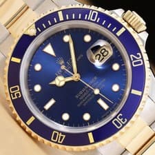 ROLEX MENS SUBMARINER DATE 16613LB 40MM BLUE DIAL 18K GOLD STEEL WATCH w/ PAPER