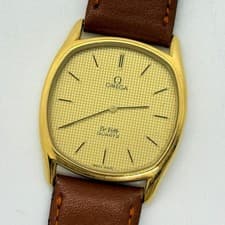 Omega Deville 1365 Ladies Quartz Watch Gold Dial Silver Case Brown Band