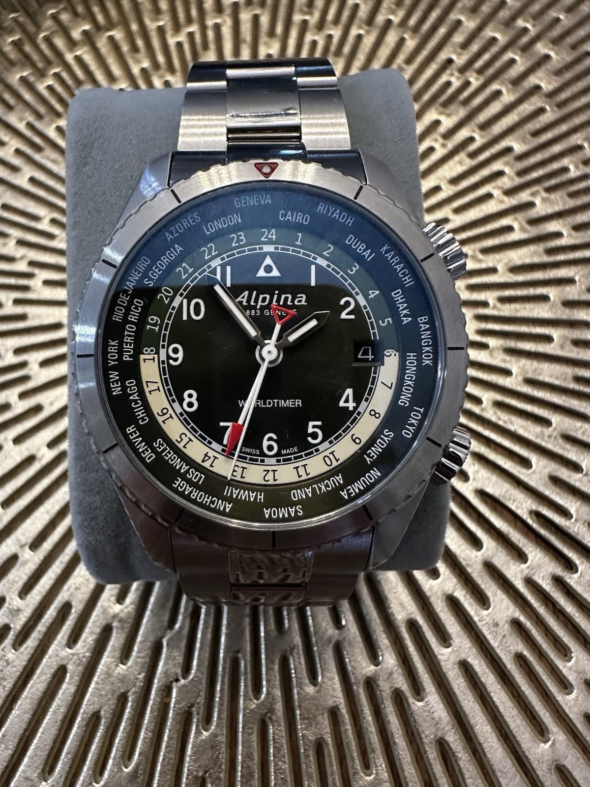 Alpina Stainless Steel Black Dial World Time Sapphire 100M Analog Bracelet Watch