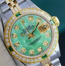 Rolex Datejust Two-Tone Green Mother of Pearl Diamond Dial Emerald Womens Watch
