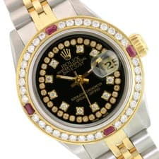 Rolex Datejust 69173 Two-Tone Black String Dial Ruby Bezel 18KY SS Band Watch
