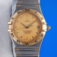 Mens Omega Constellation 18K Gold Automatic Chronometer Watch Gold Dial 1302.10