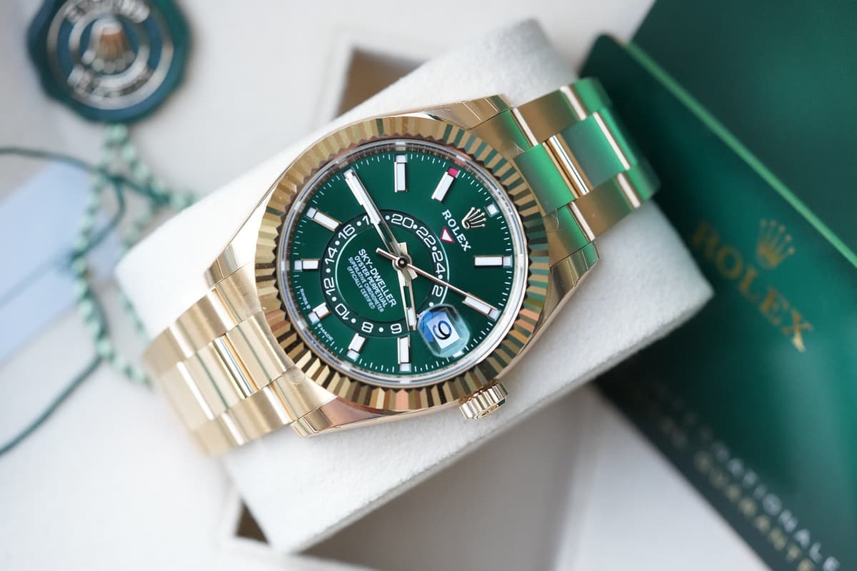 FS:NIB Rolex Sky-Dweller 336938 18k Yellow Gold Green Dial.
